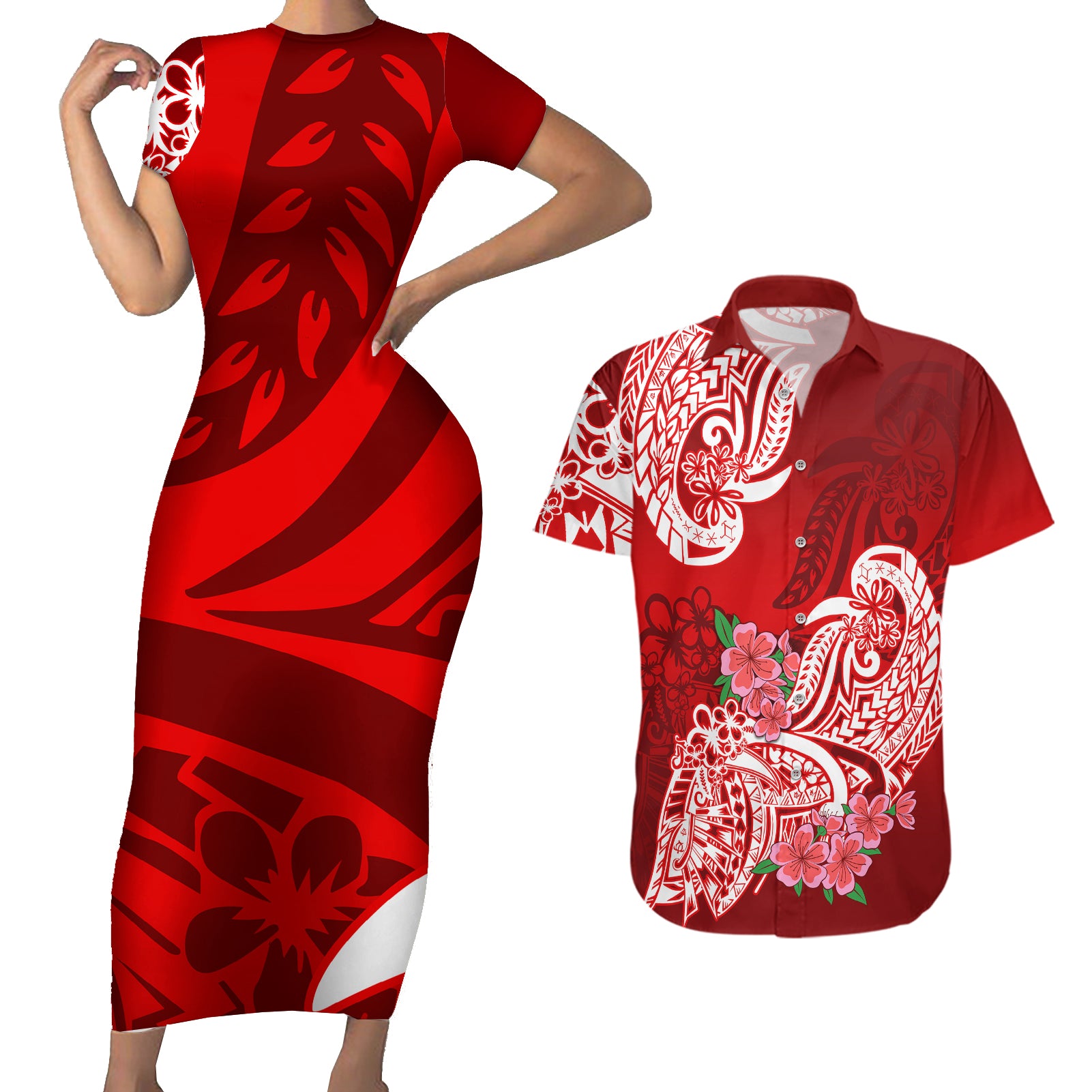 Polynesian Couples Matching Short Sleeve Bodycon Dress and Hawaiian Shirt Pacific Flower Mix Floral Tribal Tattoo Red Vibe LT9 Red - Polynesian Pride