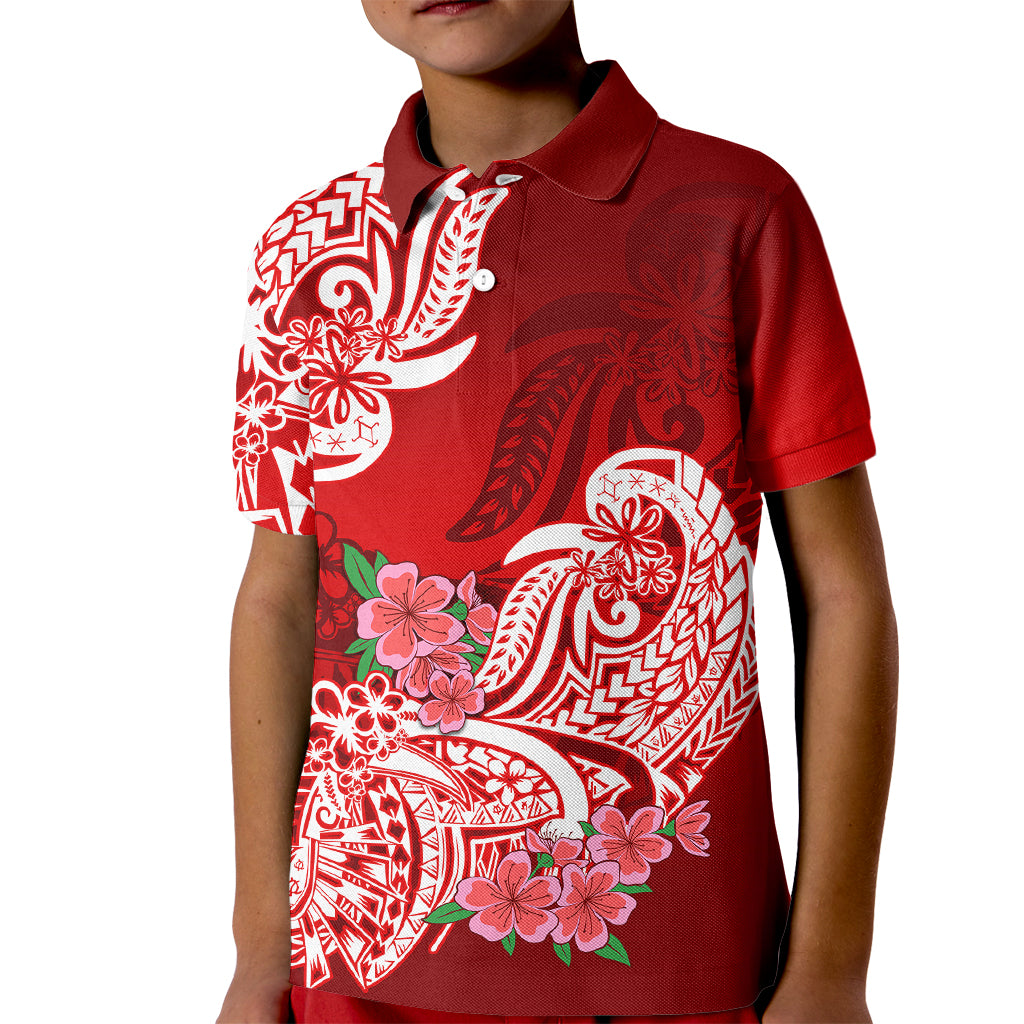 Polynesian Kid Polo Shirt Pacific Flower Mix Floral Tribal Tattoo Red Vibe LT9 Kid Red - Polynesian Pride
