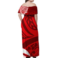 Polynesian Off Shoulder Maxi Dress Pacific Flower Mix Floral Tribal Tattoo Red Vibe LT9 - Polynesian Pride
