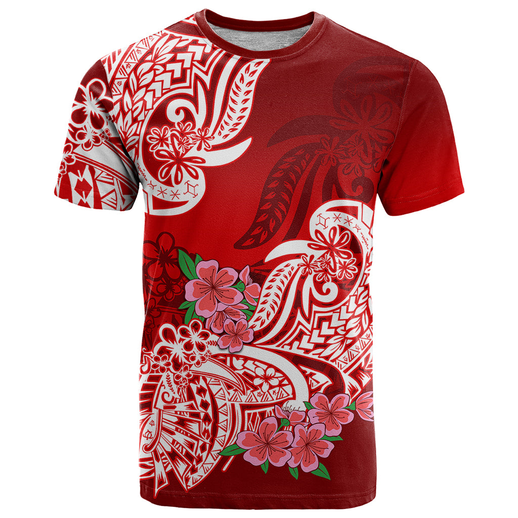 Polynesian T Shirt Pacific Flower Mix Floral Tribal Tattoo Red Vibe LT9 Red - Polynesian Pride