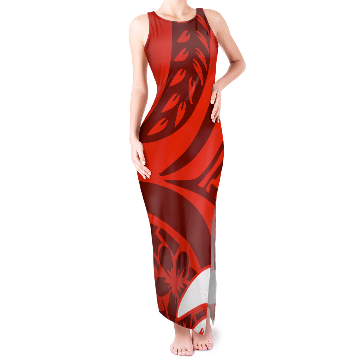 Polynesian Tank Maxi Dress Pacific Flower Mix Floral Tribal Tattoo Red Vibe LT9 Women Red - Polynesian Pride