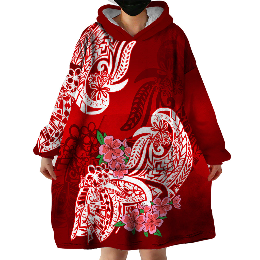Polynesian Wearable Blanket Hoodie Pacific Flower Mix Floral Tribal Tattoo Red Vibe LT9 - Polynesian Pride