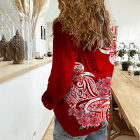 Polynesian Women Casual Shirt Pacific Flower Mix Floral Tribal Tattoo Red Vibe LT9 - Polynesian Pride