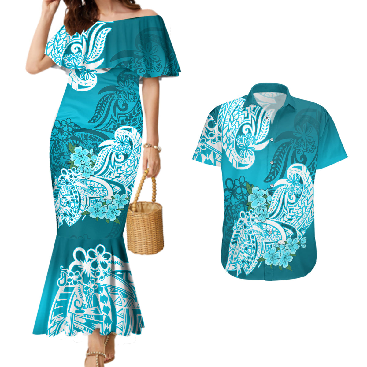 Polynesian Couples Matching Mermaid Dress And Hawaiian Shirt Pacific Flower Mix Floral Tribal Tattoo Aqua Vibe LT9 Aqua - Polynesian Pride