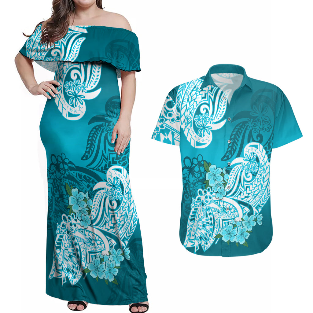 Polynesian Couples Matching Off Shoulder Maxi Dress and Hawaiian Shirt Pacific Flower Mix Floral Tribal Tattoo Aqua Vibe LT9 Aqua - Polynesian Pride