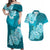 Polynesian Couples Matching Off Shoulder Maxi Dress and Hawaiian Shirt Pacific Flower Mix Floral Tribal Tattoo Aqua Vibe LT9 Aqua - Polynesian Pride