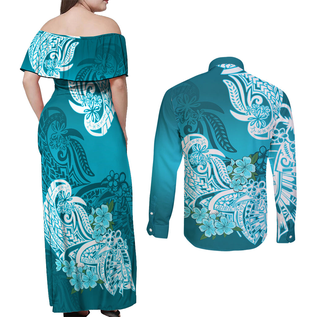 Polynesian Couples Matching Off Shoulder Maxi Dress and Long Sleeve Button Shirts Pacific Flower Mix Floral Tribal Tattoo Aqua Vibe LT9 - Polynesian Pride