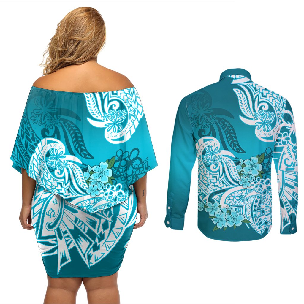 Polynesian Couples Matching Off Shoulder Short Dress and Long Sleeve Button Shirts Pacific Flower Mix Floral Tribal Tattoo Aqua Vibe LT9 - Polynesian Pride