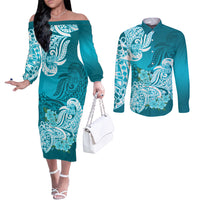 Polynesian Couples Matching Off The Shoulder Long Sleeve Dress and Long Sleeve Button Shirts Pacific Flower Mix Floral Tribal Tattoo Aqua Vibe LT9 Aqua - Polynesian Pride