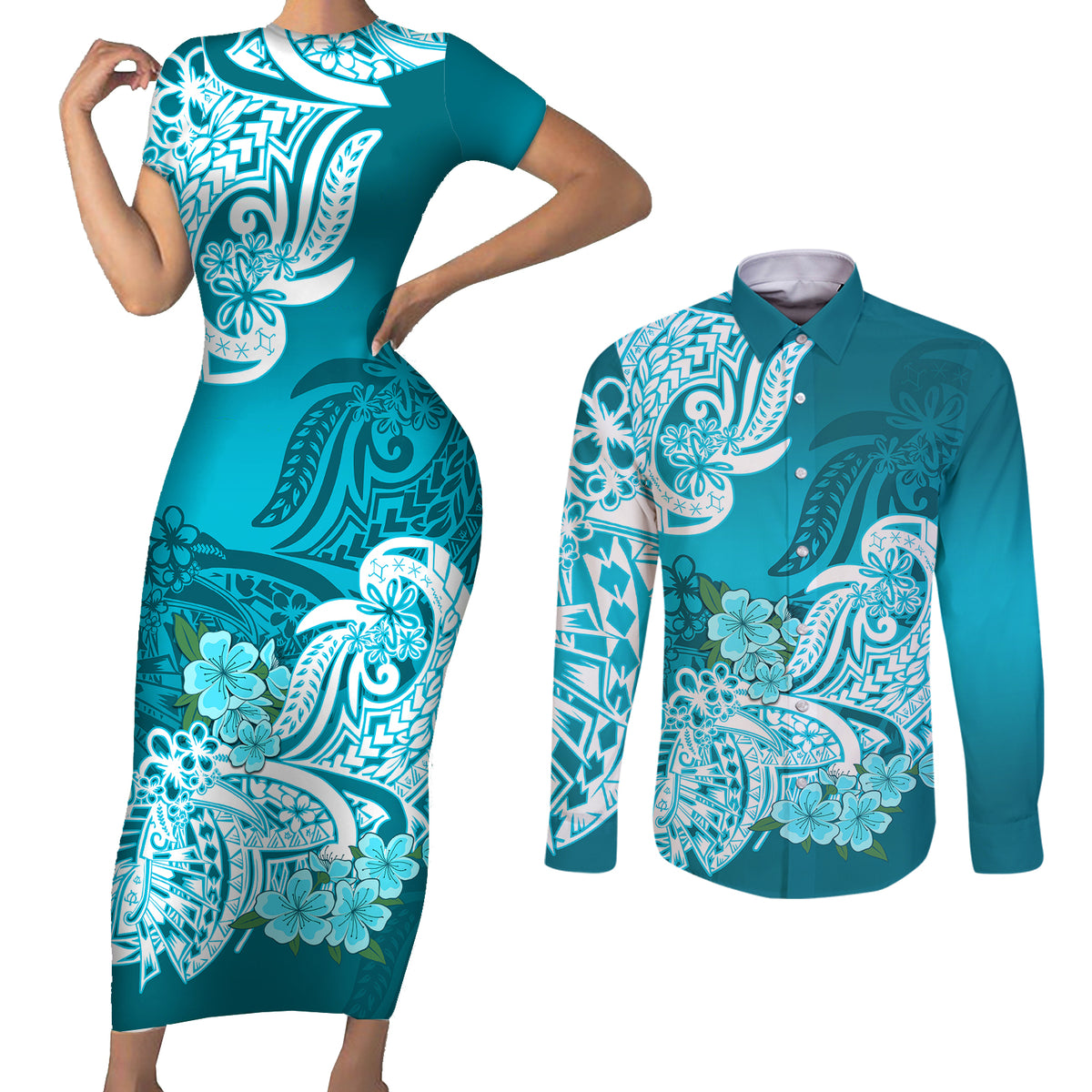 Polynesian Couples Matching Short Sleeve Bodycon Dress and Long Sleeve Button Shirts Pacific Flower Mix Floral Tribal Tattoo Aqua Vibe LT9 Aqua - Polynesian Pride