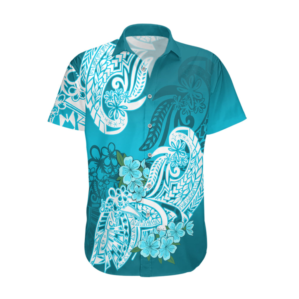 Polynesian Hawaiian Shirt Pacific Flower Mix Floral Tribal Tattoo Aqua Vibe LT9 Aqua - Polynesian Pride