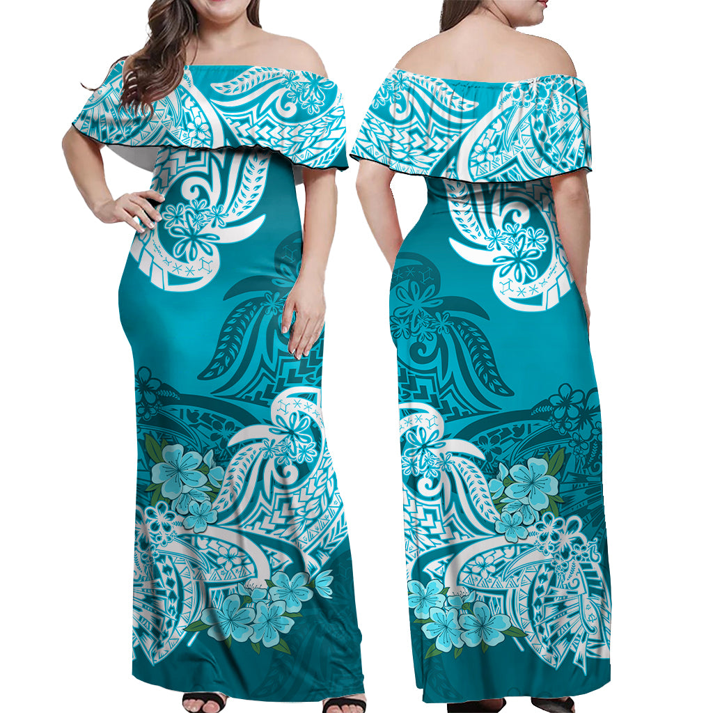 Polynesian Floral Tribal Off Shoulder Long Dress - Teal LT9 - Polynesian Pride