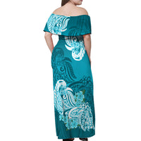 Polynesian Off Shoulder Maxi Dress Pacific Flower Mix Floral Tribal Tattoo Aqua Vibe LT9 - Polynesian Pride