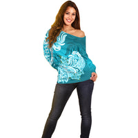 Polynesian Off Shoulder Sweater Pacific Flower Mix Floral Tribal Tattoo Aqua Vibe LT9 - Polynesian Pride