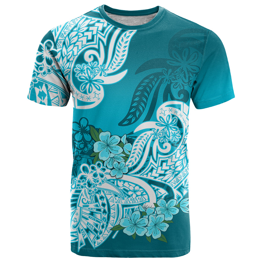 Polynesian T Shirt Pacific Flower Mix Floral Tribal Tattoo Aqua Vibe LT9 Aqua - Polynesian Pride