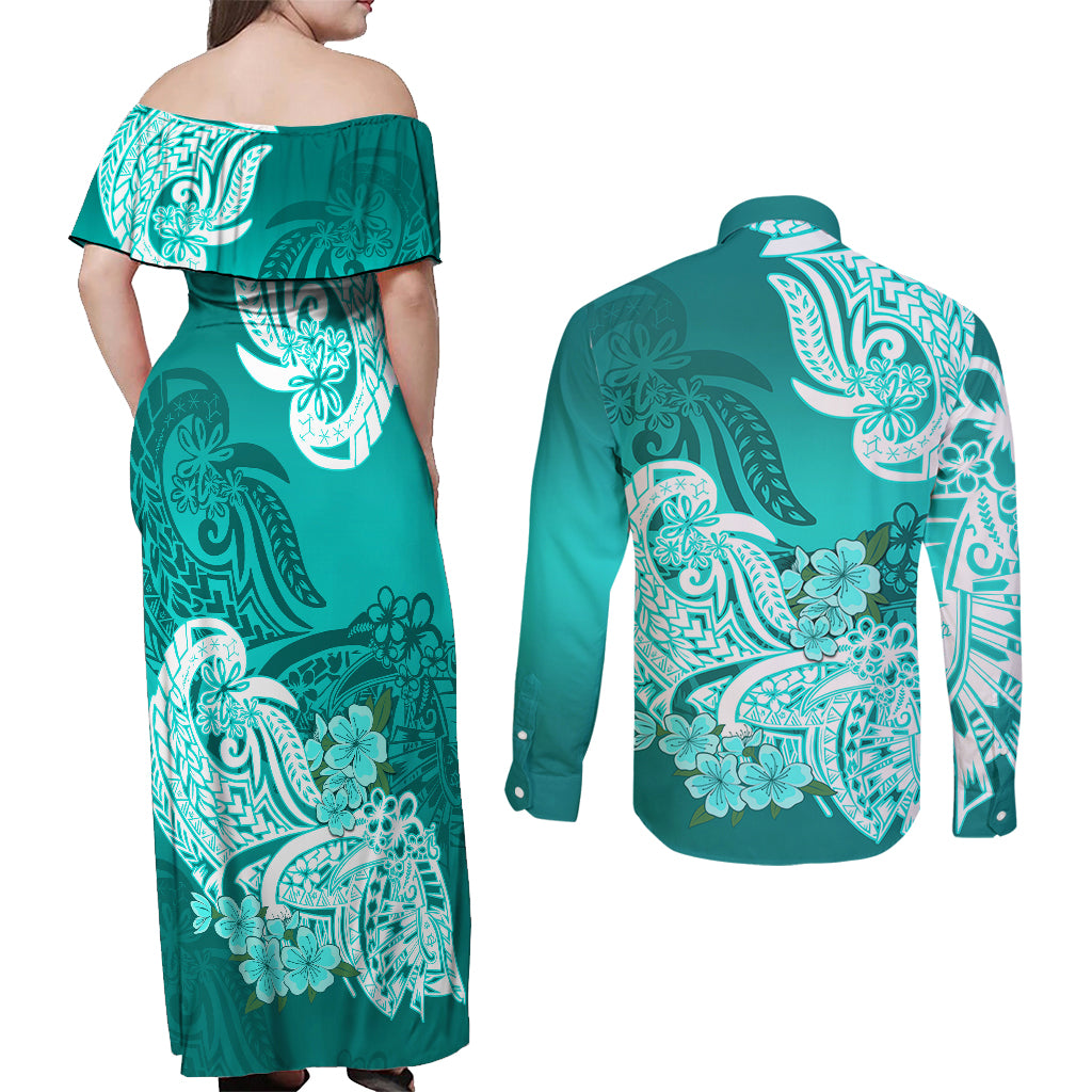 Polynesian Couples Matching Off Shoulder Maxi Dress and Long Sleeve Button Shirts Pacific Flower Mix Floral Tribal Tattoo Turquoise Vibe LT9 - Polynesian Pride