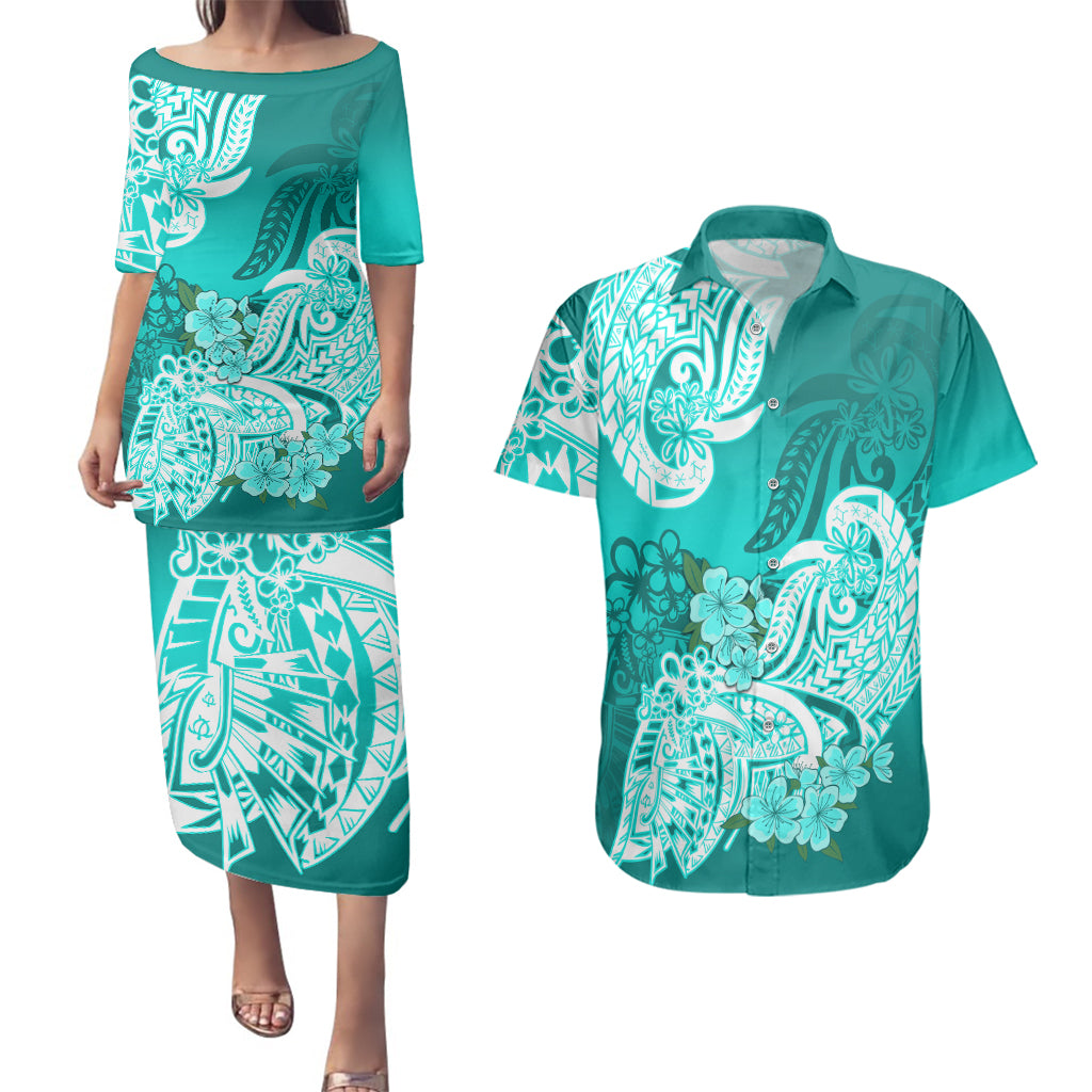 Polynesian Couples Matching Puletasi Dress and Hawaiian Shirt Pacific Flower Mix Floral Tribal Tattoo Turquoise Vibe LT9 Turquoise - Polynesian Pride
