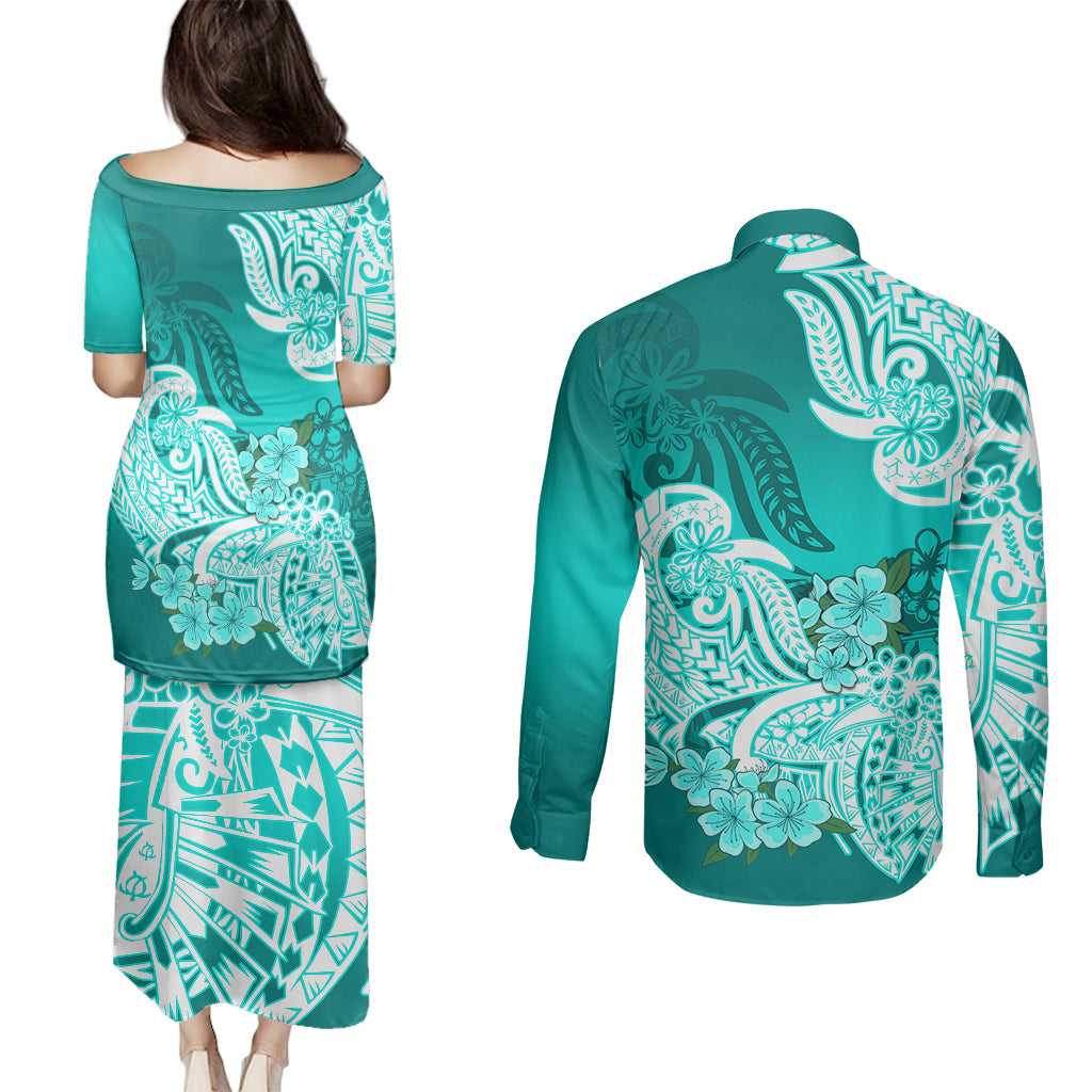 Polynesian Couples Matching Puletasi Dress and Long Sleeve Button Shirts Pacific Flower Mix Floral Tribal Tattoo Turquoise Vibe LT9 - Polynesian Pride