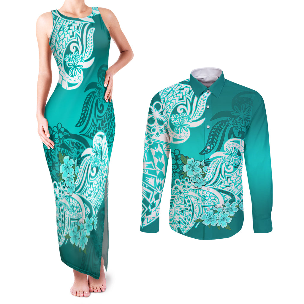 Polynesian Couples Matching Tank Maxi Dress and Long Sleeve Button Shirts Pacific Flower Mix Floral Tribal Tattoo Turquoise Vibe LT9 Turquoise - Polynesian Pride