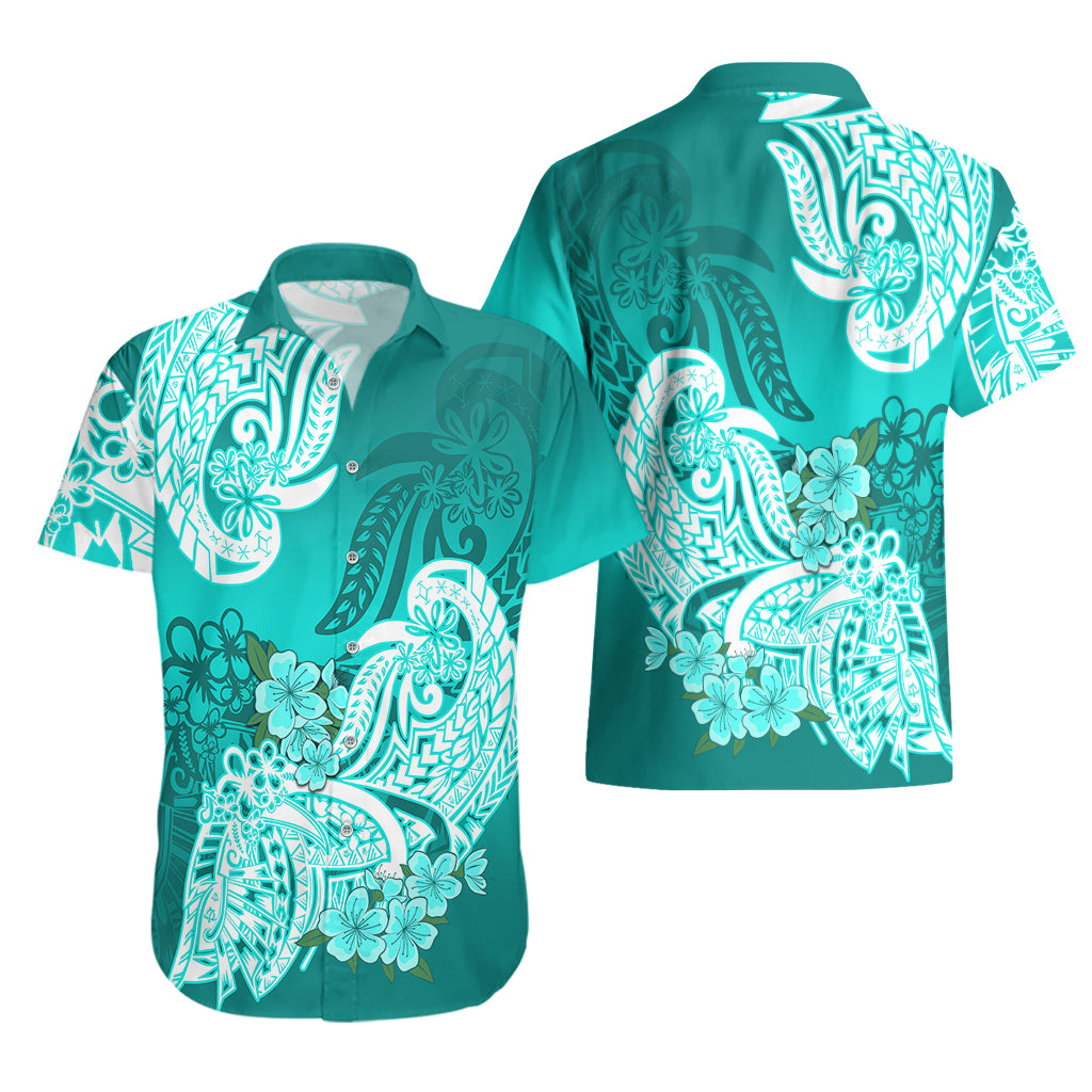 Polynesian Hawaiian Shirt Pacific Flower Mix Floral Tribal Tattoo Turquoise Vibe LT9 - Polynesian Pride