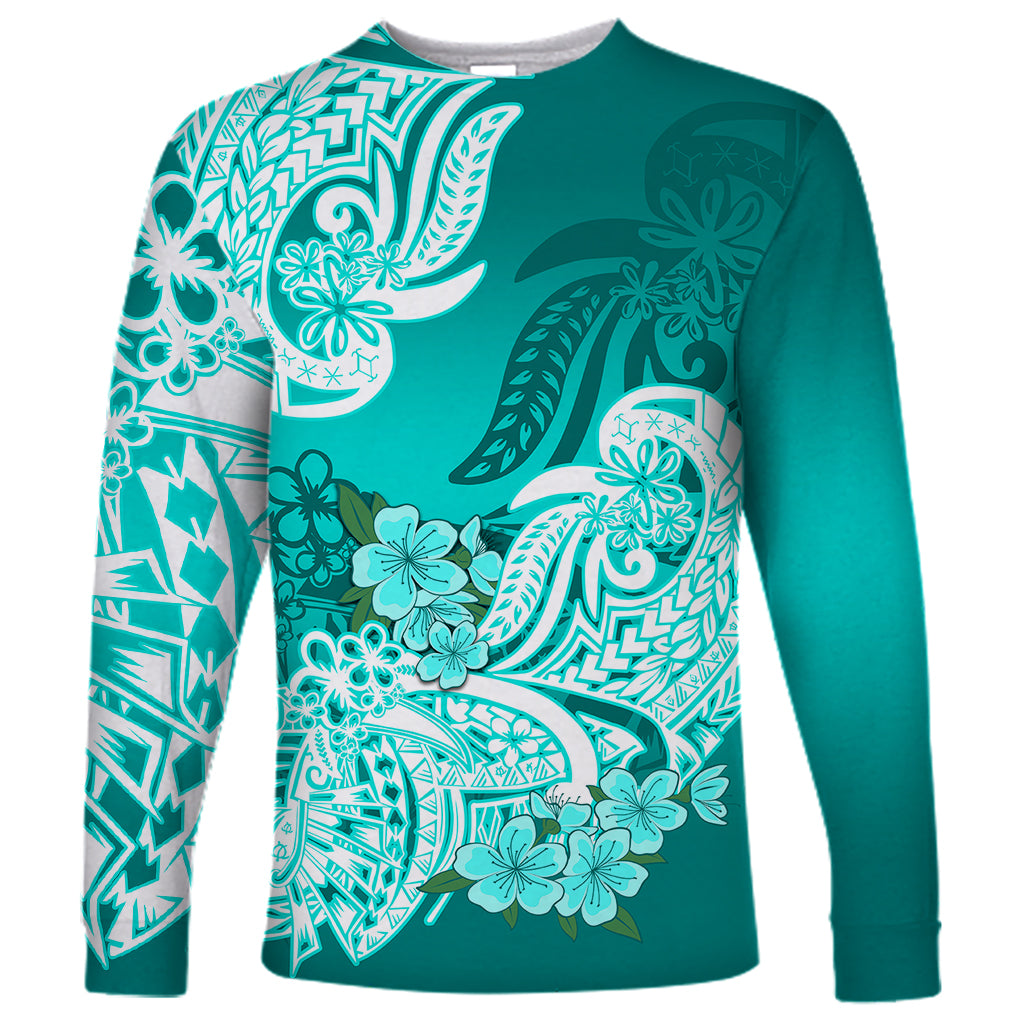 Polynesian Long Sleeve Shirt Pacific Flower Mix Floral Tribal Tattoo Turquoise Vibe LT9 Unisex Turquoise - Polynesian Pride