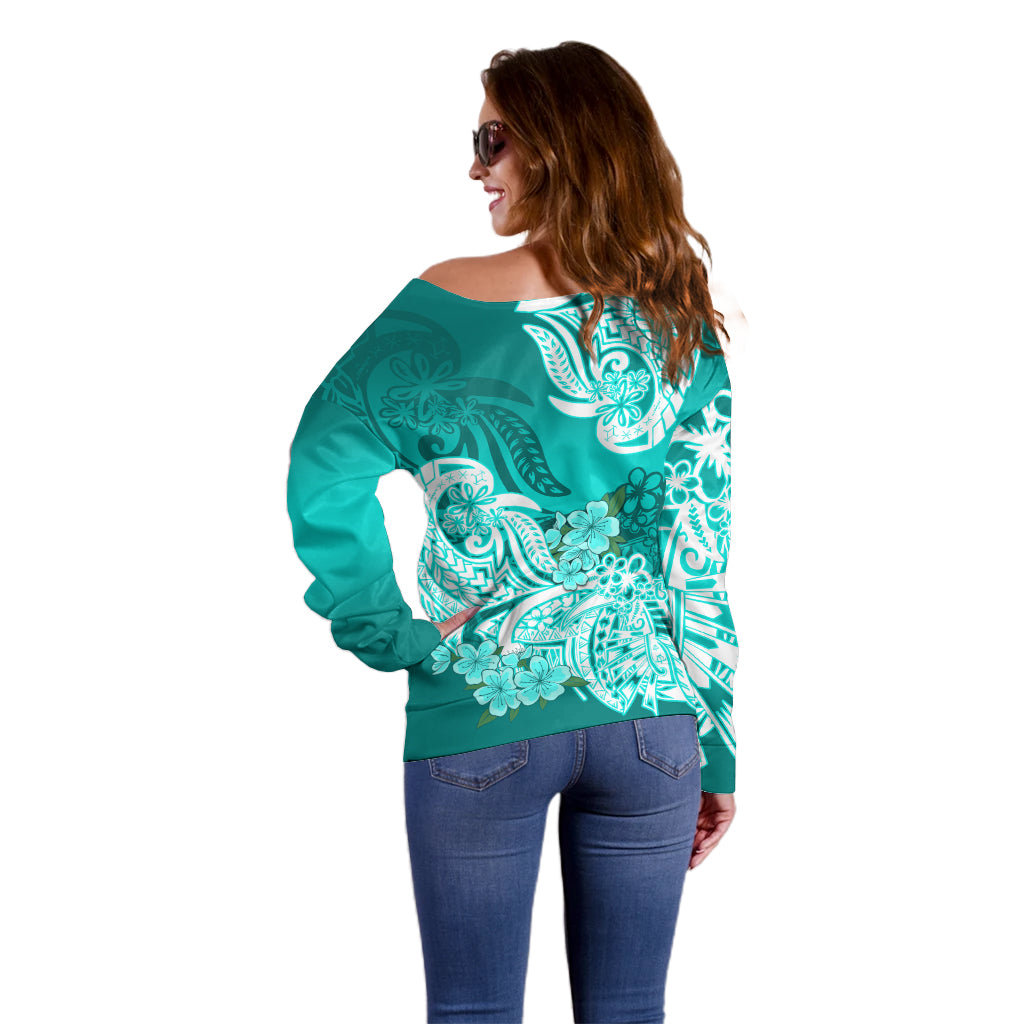 Polynesian Off Shoulder Sweater Pacific Flower Mix Floral Tribal Tattoo Turquoise Vibe LT9 - Polynesian Pride