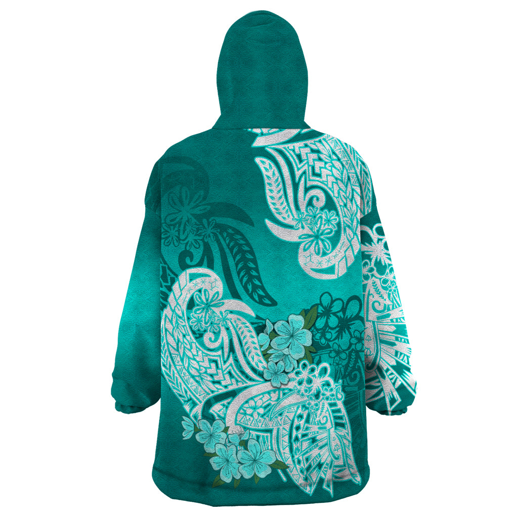 Polynesian Wearable Blanket Hoodie Pacific Flower Mix Floral Tribal Tattoo Turquoise Vibe LT9 - Polynesian Pride
