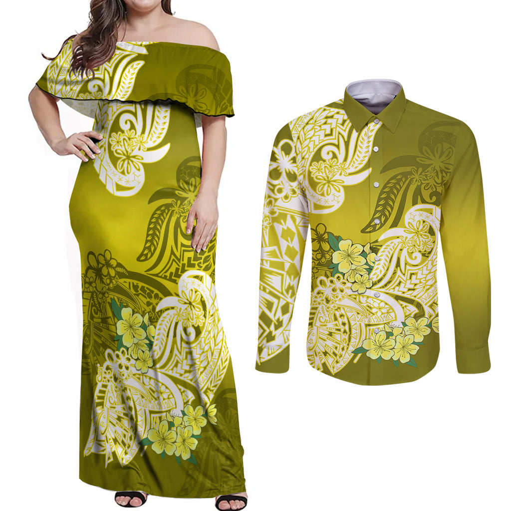 Polynesian Couples Matching Off Shoulder Maxi Dress and Long Sleeve Button Shirts Pacific Flower Mix Floral Tribal Tattoo Yellow Vibe LT9 Yellow - Polynesian Pride