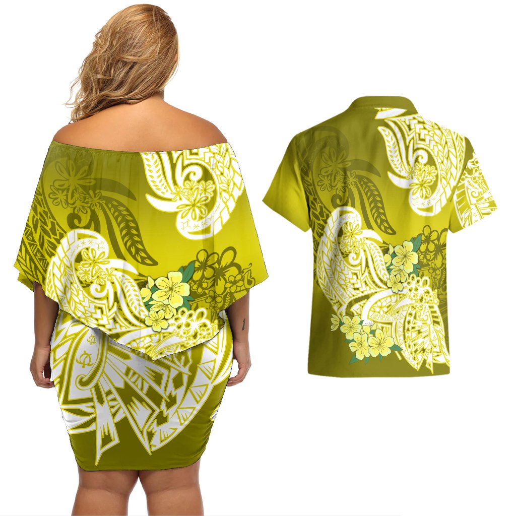 Polynesian Couples Matching Off Shoulder Short Dress and Hawaiian Shirt Pacific Flower Mix Floral Tribal Tattoo Yellow Vibe LT9 - Polynesian Pride