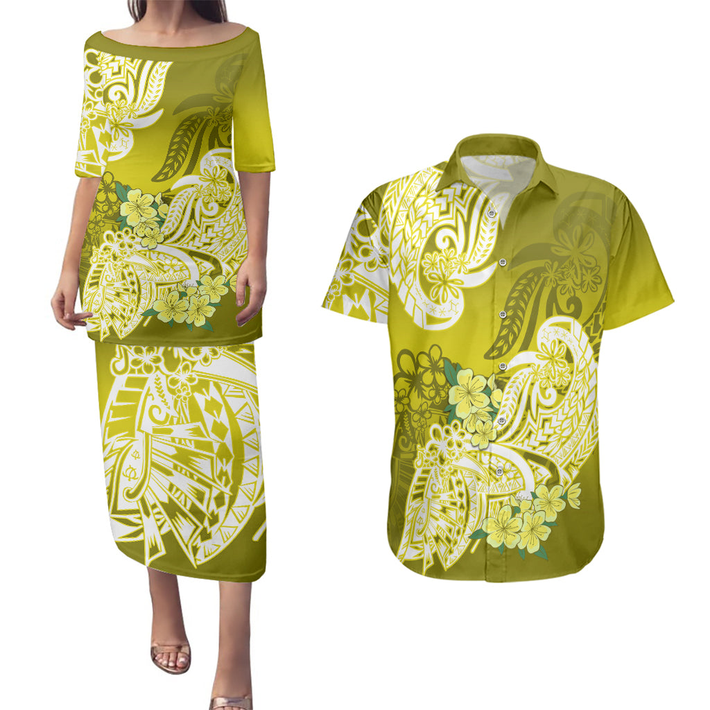 Polynesian Couples Matching Puletasi Dress and Hawaiian Shirt Pacific Flower Mix Floral Tribal Tattoo Yellow Vibe LT9 Yellow - Polynesian Pride