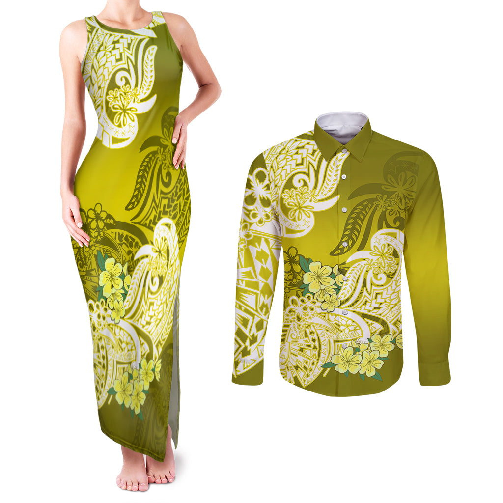 Polynesian Couples Matching Tank Maxi Dress and Long Sleeve Button Shirts Pacific Flower Mix Floral Tribal Tattoo Yellow Vibe LT9 Yellow - Polynesian Pride