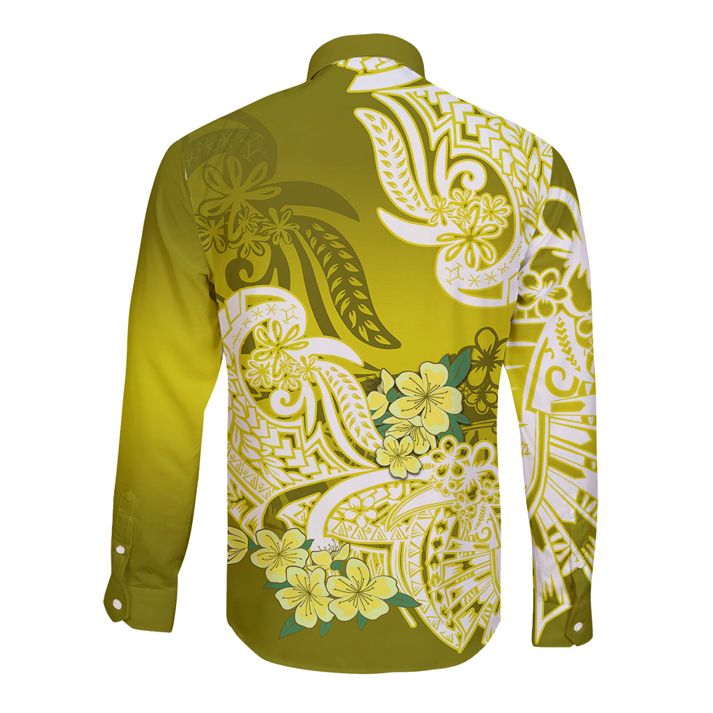 Polynesian Long Sleeve Button Shirt Pacific Flower Mix Floral Tribal Tattoo Yellow Vibe LT9 - Polynesian Pride