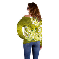 Polynesian Off Shoulder Sweater Pacific Flower Mix Floral Tribal Tattoo Yellow Vibe LT9 - Polynesian Pride