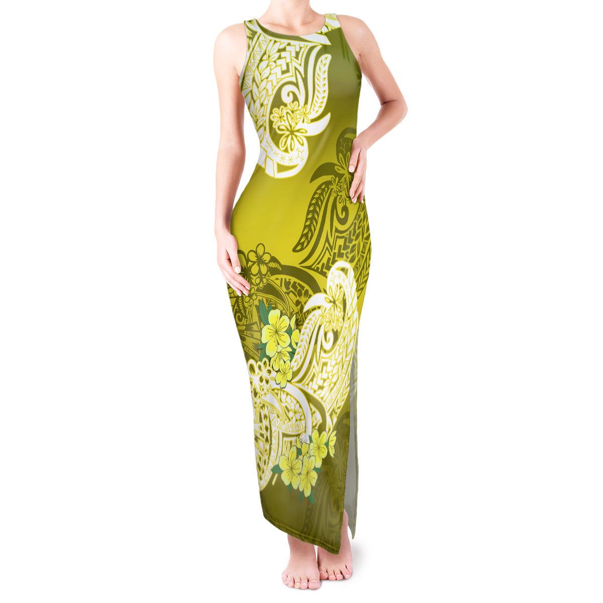 Polynesian Tank Maxi Dress Pacific Flower Mix Floral Tribal Tattoo Yellow Vibe LT9 Women Yellow - Polynesian Pride