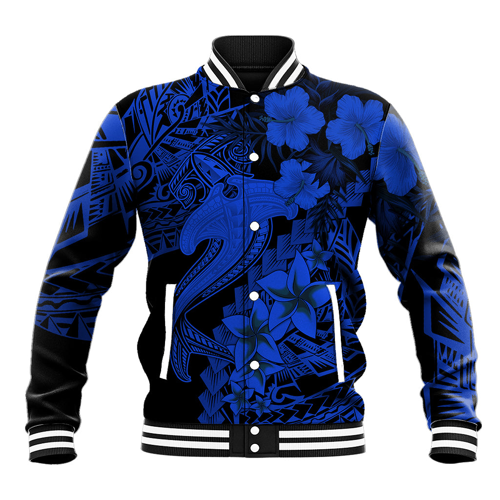 Aloha Hawaii Baseball Jacket Hammerhead Shark Tattoo Polynesian Summer - Blue LT9 Unisex Blue - Polynesian Pride