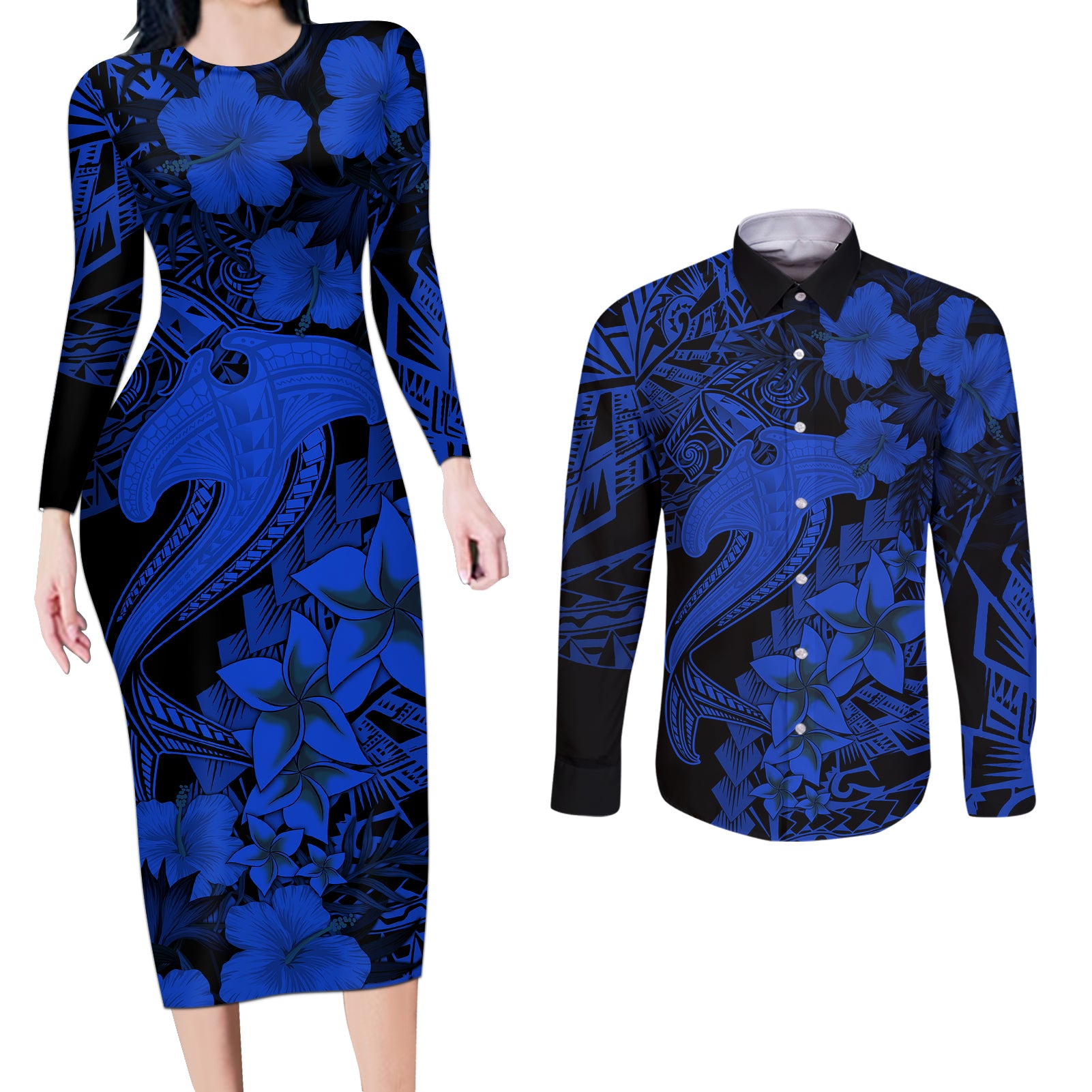 Aloha Hawaii Couples Matching Long Sleeve Bodycon Dress and Long Sleeve Button Shirts Hammerhead Shark Tattoo Polynesian Summer - Blue LT9 Blue - Polynesian Pride