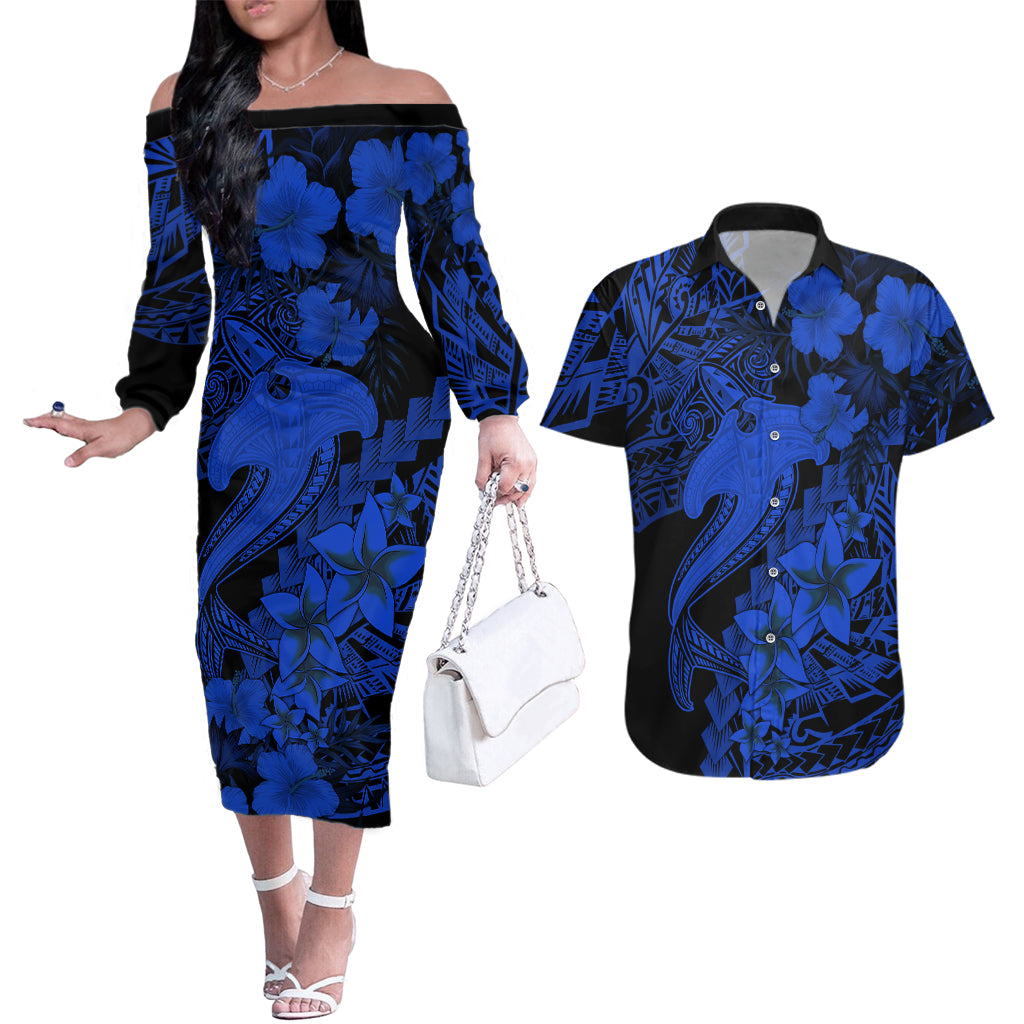 Aloha Hawaii Couples Matching Off The Shoulder Long Sleeve Dress and Hawaiian Shirt Hammerhead Shark Tattoo Polynesian Summer - Blue LT9 Blue - Polynesian Pride