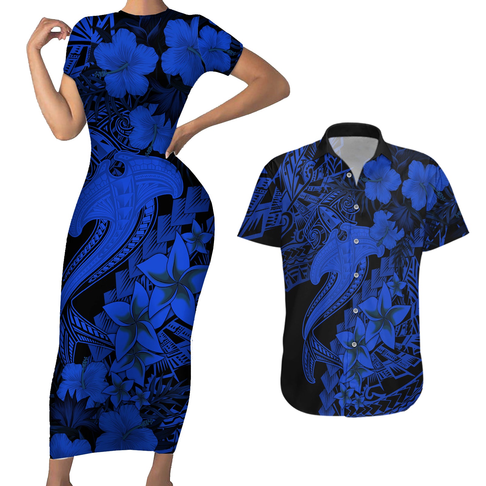 Aloha Hawaii Couples Matching Short Sleeve Bodycon Dress and Hawaiian Shirt Hammerhead Shark Tattoo Polynesian Summer - Blue LT9 Blue - Polynesian Pride