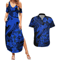Aloha Hawaii Couples Matching Summer Maxi Dress and Hawaiian Shirt Hammerhead Shark Tattoo Polynesian Summer - Blue LT9 Blue - Polynesian Pride