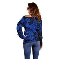 Aloha Hawaii Off Shoulder Sweater Hammerhead Shark Tattoo Polynesian Summer - Blue LT9 - Polynesian Pride