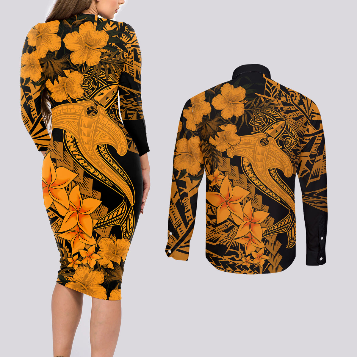 Aloha Hawaii Couples Matching Long Sleeve Bodycon Dress and Long Sleeve Button Shirts Hammerhead Shark Tattoo Polynesian Summer - Gold LT9 - Polynesian Pride