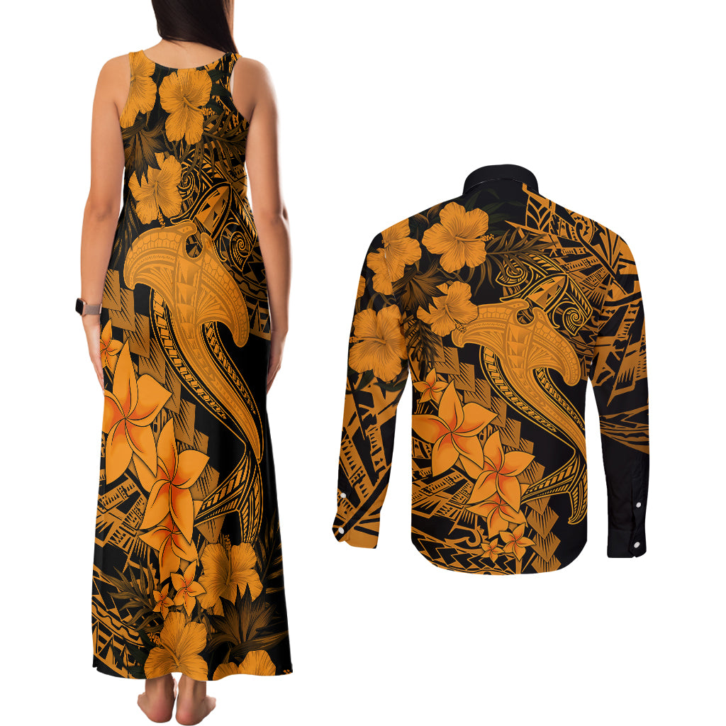 Aloha Hawaii Couples Matching Tank Maxi Dress and Long Sleeve Button Shirts Hammerhead Shark Tattoo Polynesian Summer - Gold LT9 - Polynesian Pride