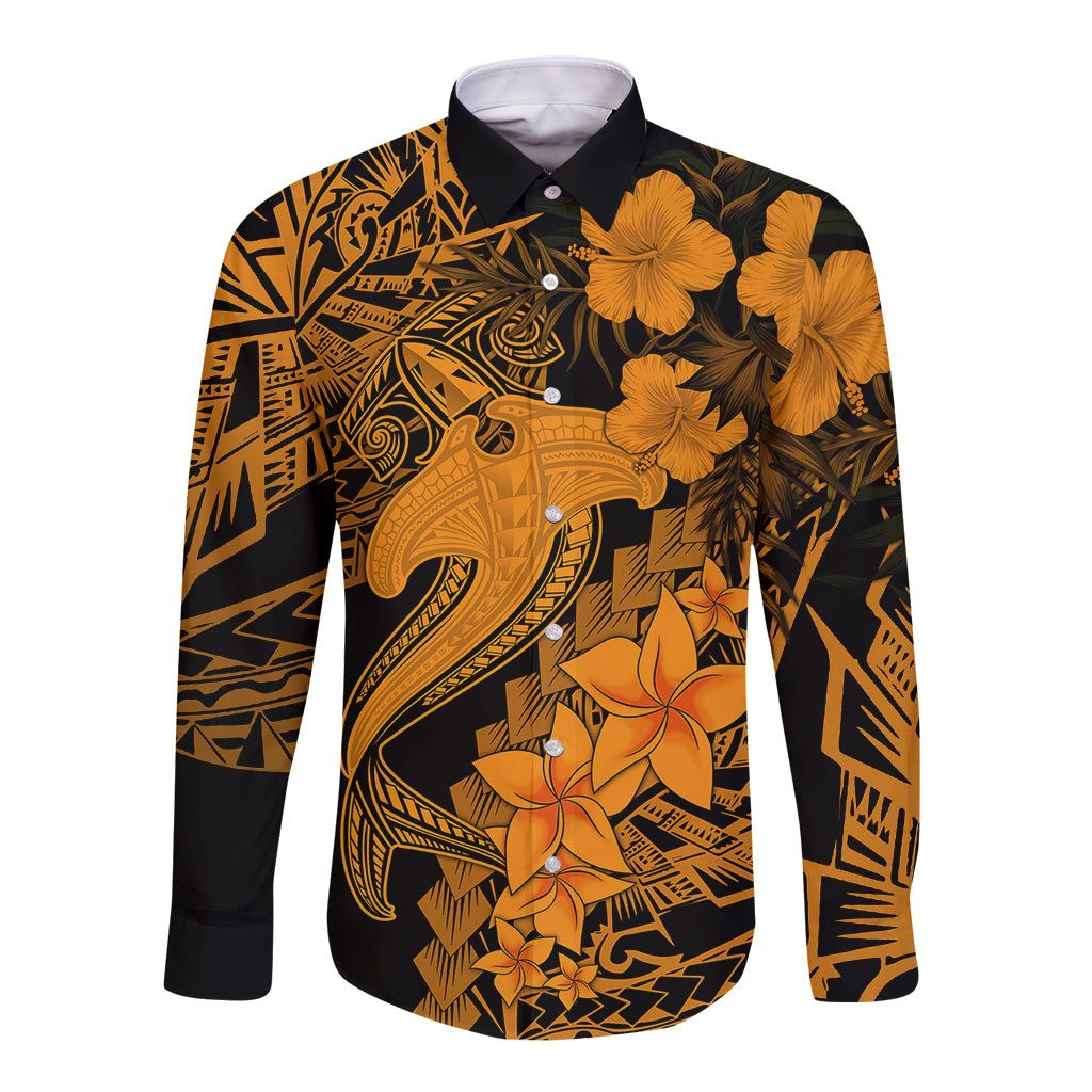 Aloha Hawaii Long Sleeve Button Shirt Hammerhead Shark Tattoo Polynesian Summer - Gold LT9 Unisex Gold - Polynesian Pride