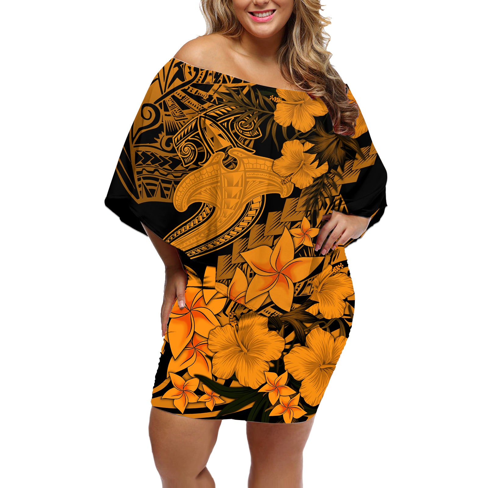 Aloha Hawaii Off Shoulder Short Dress Hammerhead Shark Tattoo Polynesian Summer - Gold LT9 Women Gold - Polynesian Pride