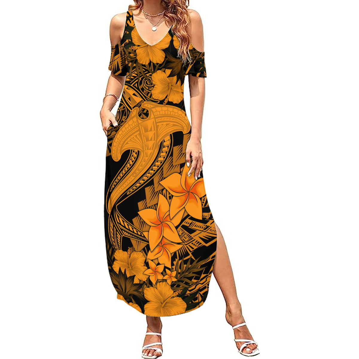 Aloha Hawaii Summer Maxi Dress Hammerhead Shark Tattoo Polynesian Summer - Gold LT9 Women Gold - Polynesian Pride