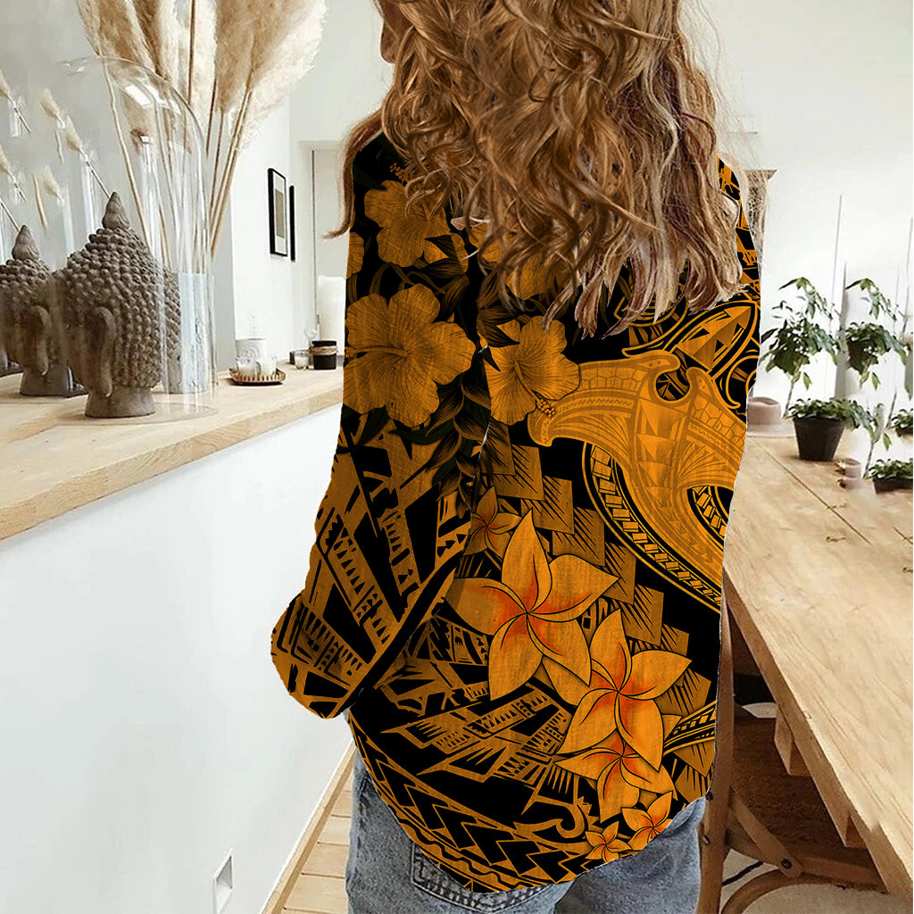 Aloha Hawaii Women Casual Shirt Hammerhead Shark Tattoo Polynesian Summer - Gold LT9 - Polynesian Pride