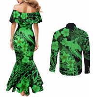 Aloha Hawaii Couples Matching Mermaid Dress and Long Sleeve Button Shirts Hammerhead Shark Tattoo Polynesian Summer - Green LT9 - Polynesian Pride