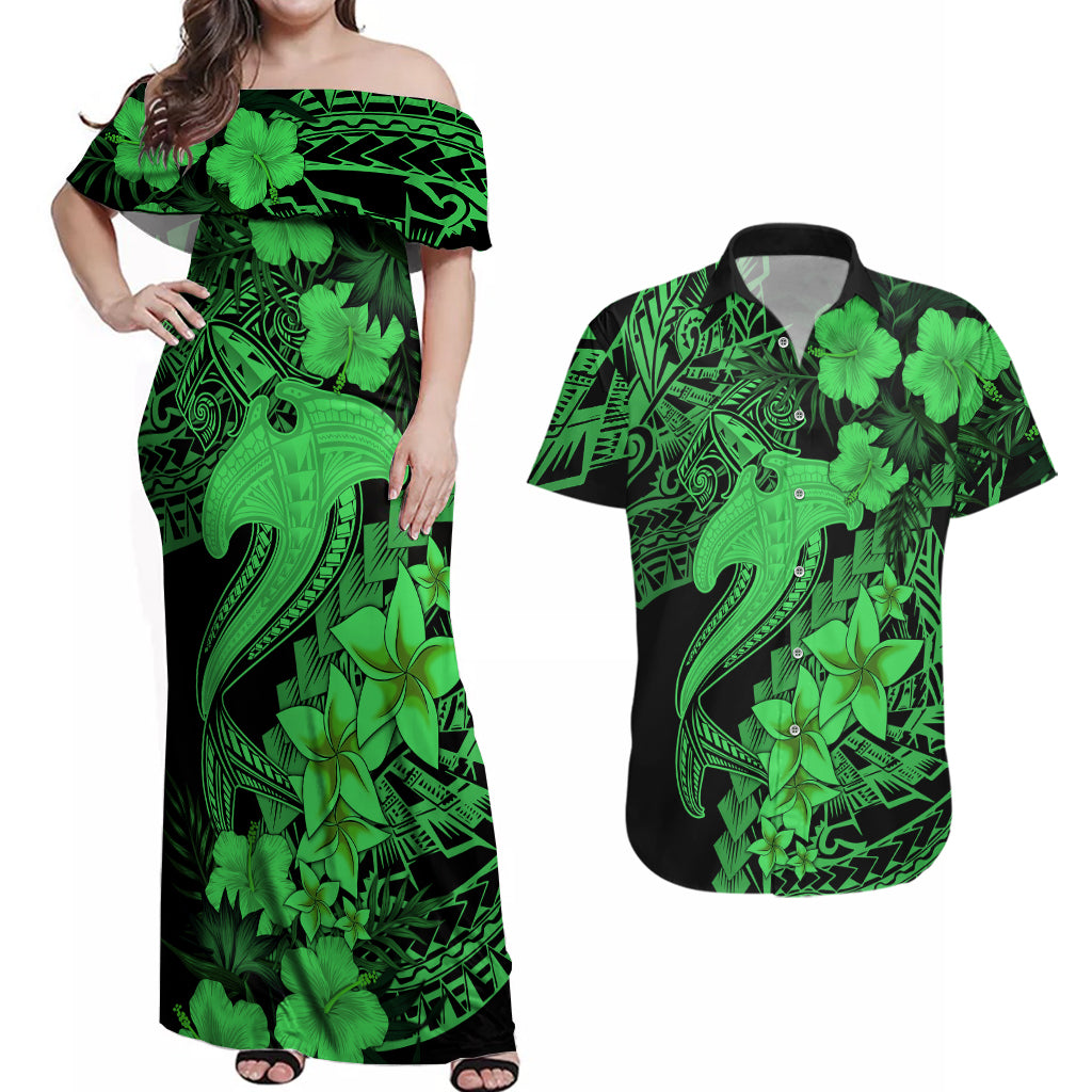 Aloha Hawaii Couples Matching Off Shoulder Maxi Dress and Hawaiian Shirt Hammerhead Shark Tattoo Polynesian Summer - Green LT9 Green - Polynesian Pride