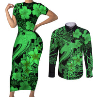 Aloha Hawaii Couples Matching Short Sleeve Bodycon Dress and Long Sleeve Button Shirts Hammerhead Shark Tattoo Polynesian Summer - Green LT9 Green - Polynesian Pride