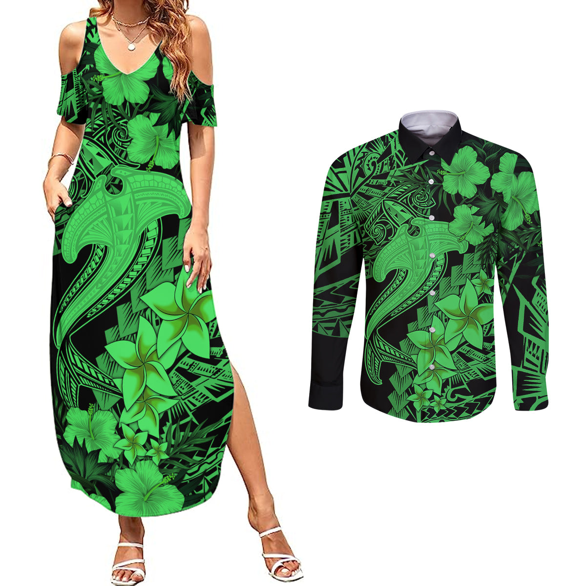 Aloha Hawaii Couples Matching Summer Maxi Dress and Long Sleeve Button Shirts Hammerhead Shark Tattoo Polynesian Summer - Green LT9 Green - Polynesian Pride